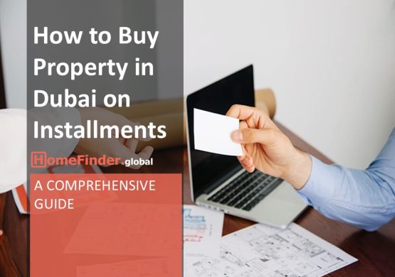 A professional guide cover for purchasing property in Dubai through installments, featuring a business setting with documents and a person holding a card.