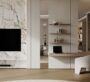 Modern workspace and TV area with marble wall at Binghatti Circle Dubai