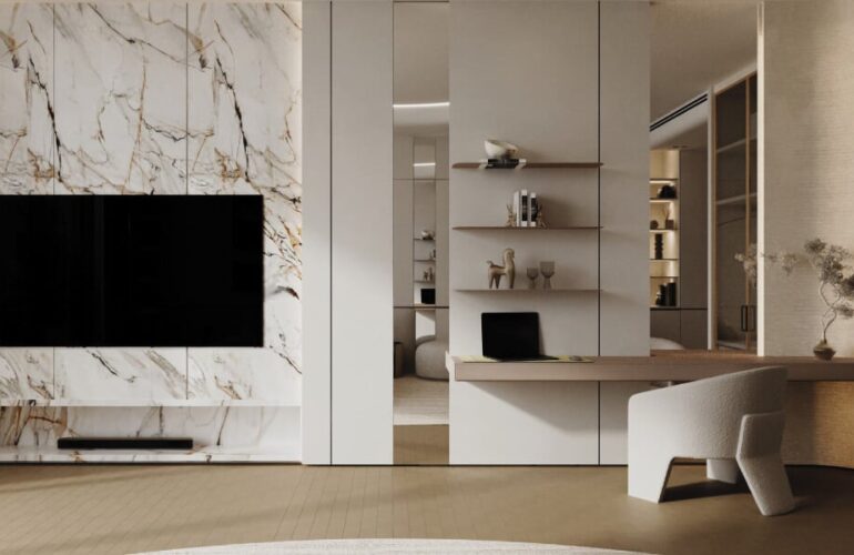 Modern workspace and TV area with marble wall at Binghatti Circle Dubai