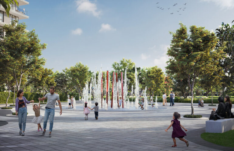 Vibrant community plaza with water features at Vida Residences Hillside Dubai