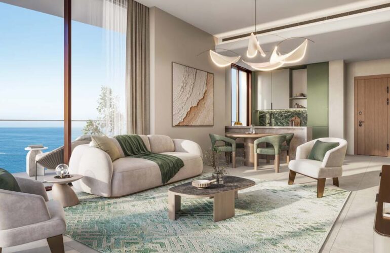 Spacious luxury living area with modern furniture at The Mural by Beyond, Dubai