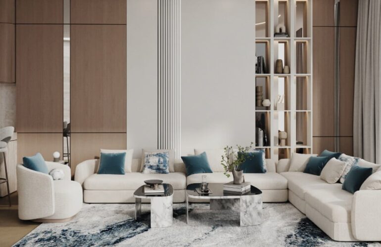 Spacious and stylish living room with modern decor at Binghatti Circle in Dubai