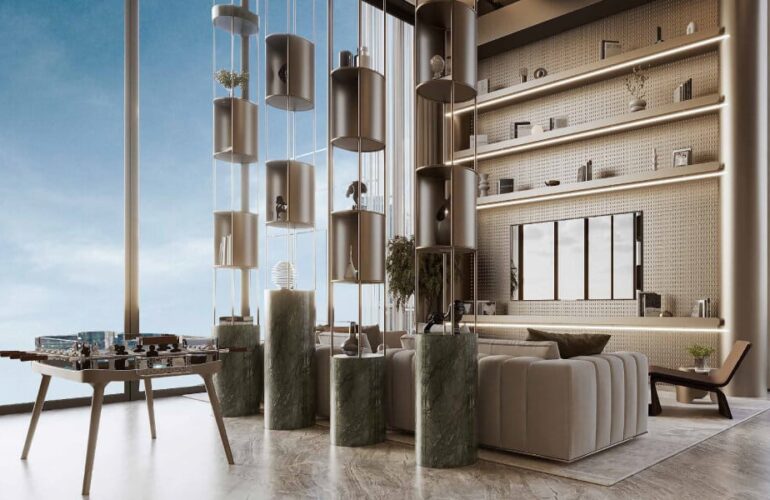 Spacious modern interior with bookshelves and cozy seating