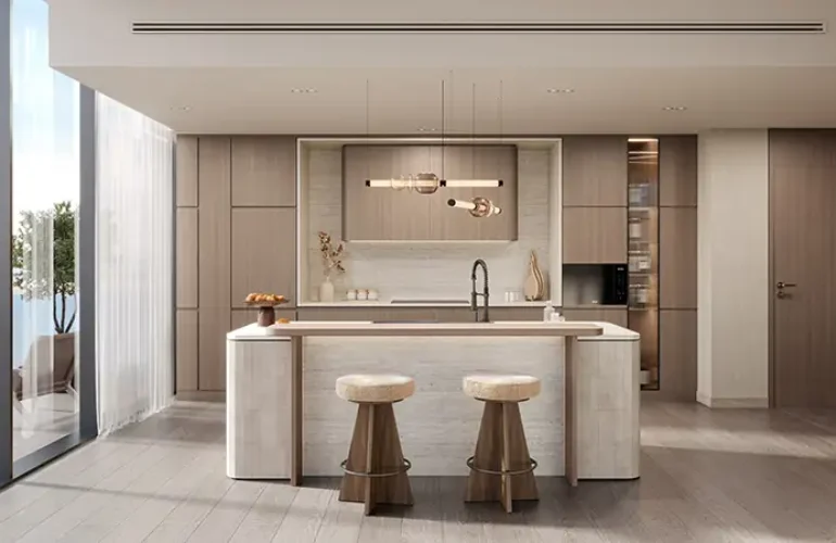 Costa Mare at Al Marjan – Modern kitchen with island and sea view