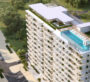 Aerial perspective of Cove Edition 6, Dubai, highlighting the rooftop pool and modern architecture of the residential tower.