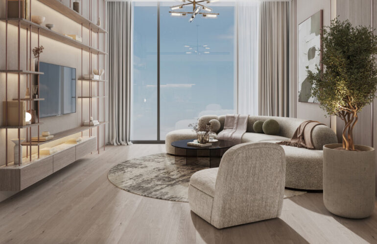 Contemporary lounge space in Cove Edition 6, Dubai, featuring curved furniture and a neutral, inviting color palette.