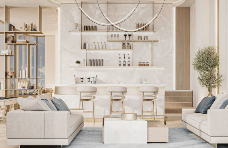 Lavish interior at Cove Edition 6, Dubai, featuring a spacious living room and a luxury dining area with modern finishes.