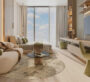 Stylish home office in Cove Edition 6, Dubai, with a panoramic window view and modern wood-accented workspace design.