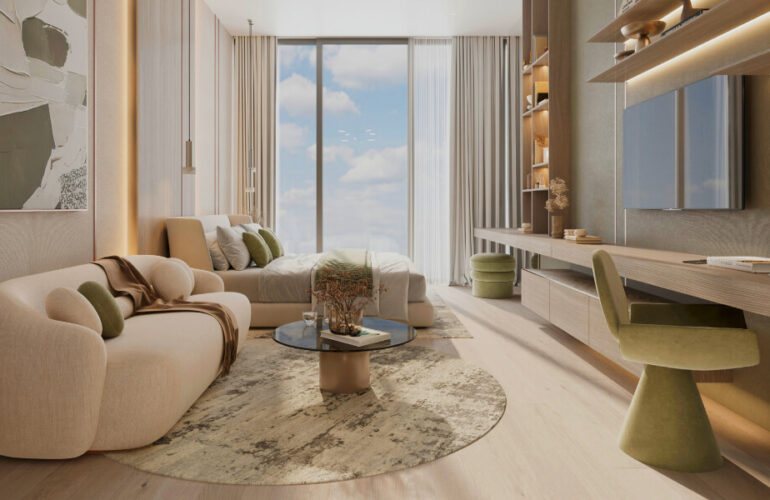 Stylish home office in Cove Edition 6, Dubai, with a panoramic window view and modern wood-accented workspace design.