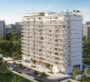Exterior view of Cove Edition 6 in Dubai, showing the elegant mid-rise residential tower surrounded by greenery.