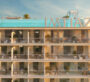 Side elevation of Cove Edition 6, Dubai, at sunset, showcasing its luxurious balconies and rooftop amenities.
