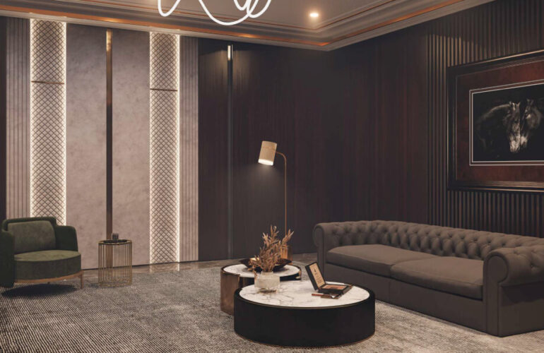 Warm, intimate lounge with dark wood accents and plush seating