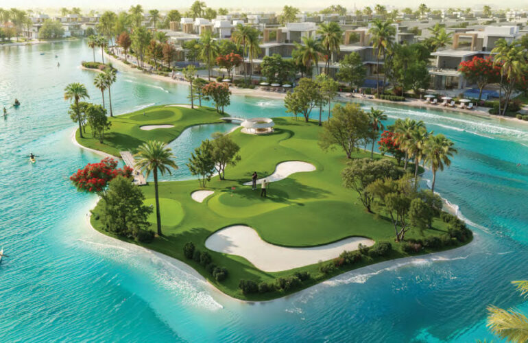 Scenic golf course island surrounded by turquoise waters at DAMAC Islands Phase 2.