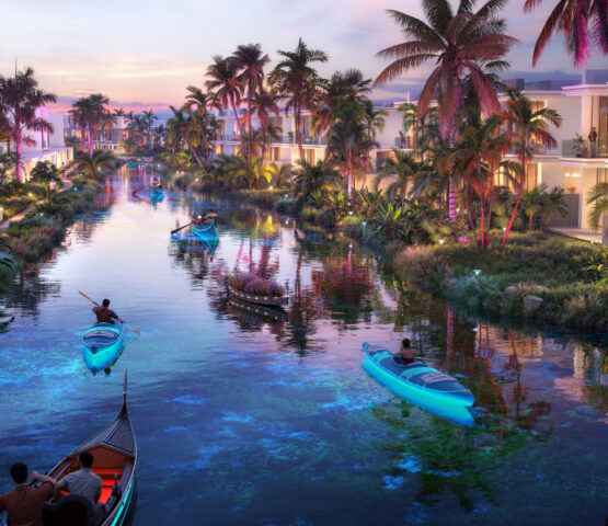 Aerial view of beachfront amenities and entertainment hub at DAMAC Islands Phase 2.