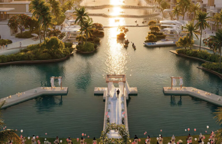 Iconic entrance with bridges and water canals at DAMAC Islands Phase 2.