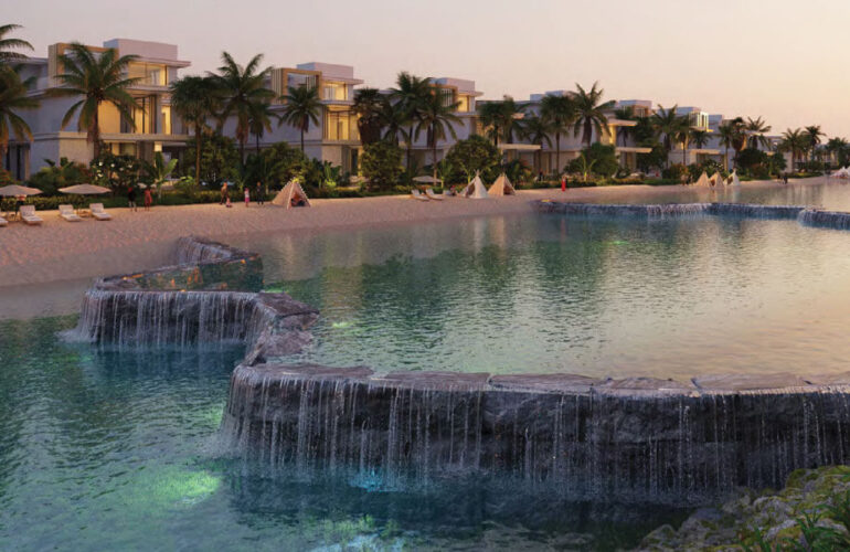 Picturesque lagoon waterfall feature with tranquil views at DAMAC Islands Phase 2.