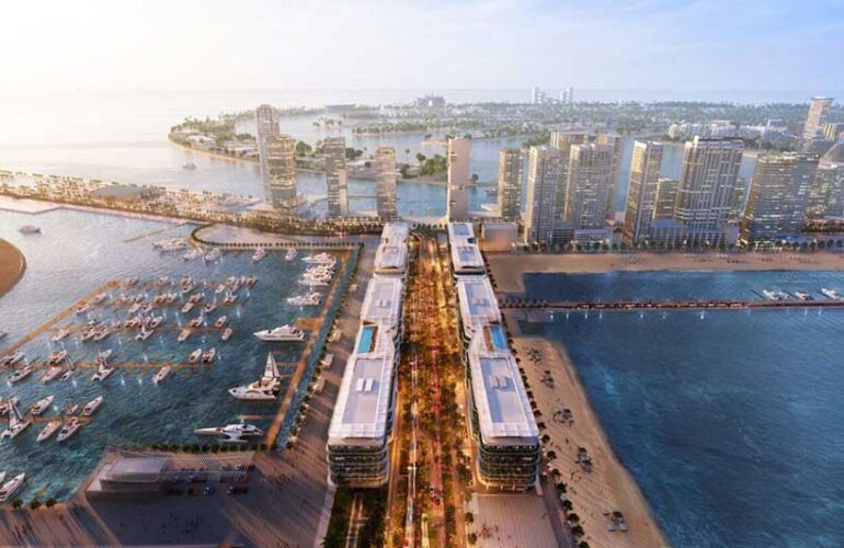 Aerial view of Dubai Harbour Residences with marina and yachts