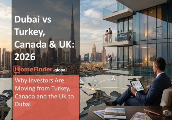 A professional real estate investment banner split diagonally into contrasting sections. One side features the luxury skyscrapers and waterfront properties of Dubai under bright sunlight. The other side is dynamically divided with diagonal lines showing iconic architectural elements of London, Toronto, and Istanbul. Modern property investment aesthetic, clean composition, sophisticated editorial style, realistic architecture, suitable for a financial and real estate comparison article.