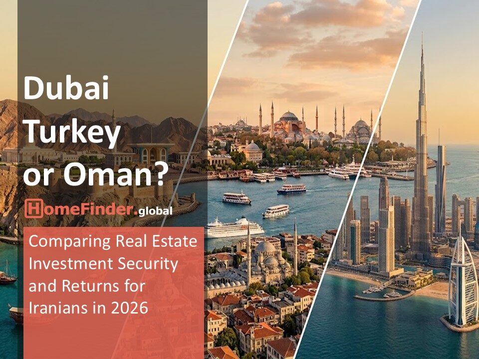 Three-panel diagonal split image showing luxury waterfront real estate in Oman, historic Istanbul Turkey, and modern Dubai skyscrapers including Burj Khalifa and Burj Al Arab.