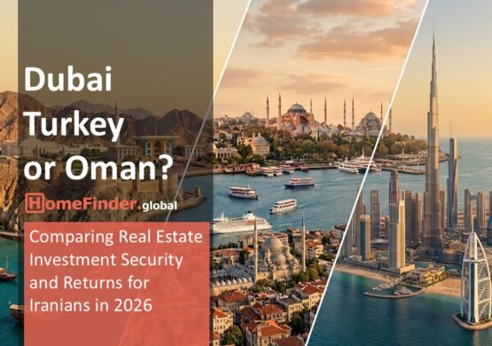 Three-panel diagonal split image showing luxury waterfront real estate in Oman, historic Istanbul Turkey, and modern Dubai skyscrapers including Burj Khalifa and Burj Al Arab.