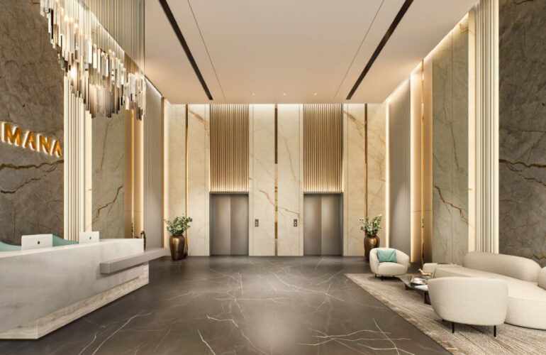 Modern and luxurious lobby area with seating and elevators at Samana Hills South