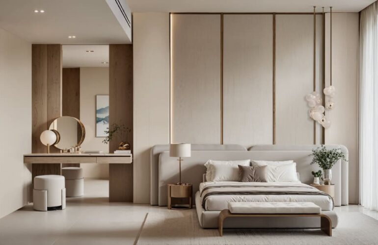 Modern and serene bedroom interior at DWTN Residences by Deyaar in Dubai
