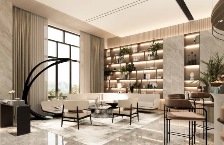 Luxurious lobby with modern furniture and floor-to-ceiling windows at Cove Boulevard