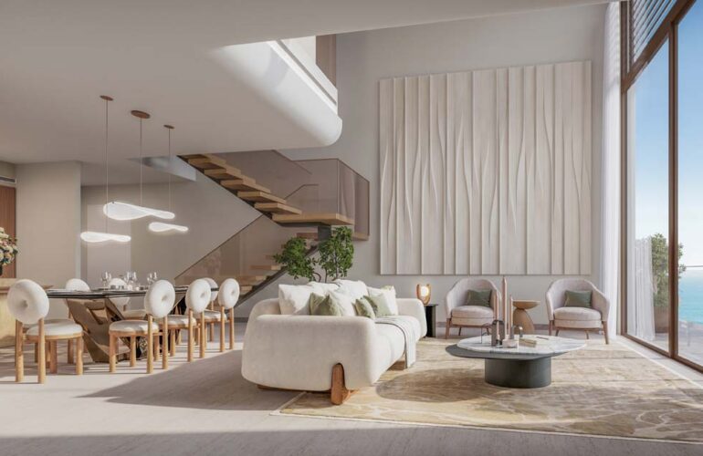Cozy sea-facing apartment living space at The Mural by Beyond in Dubai