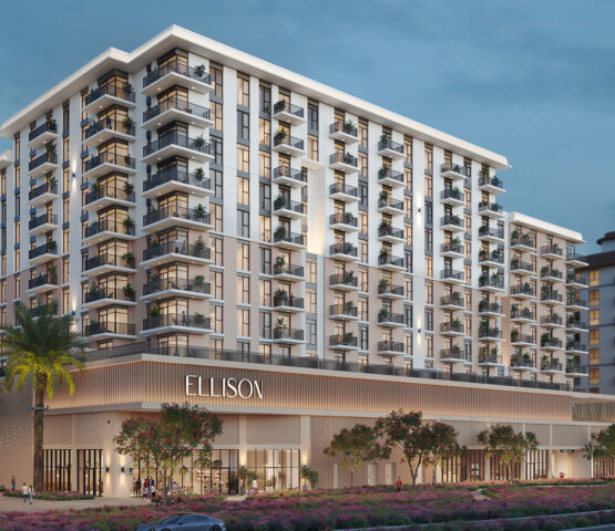 A photo of a white apartment with a palm tree next to it, and on its entrance, apartment written by Ellison