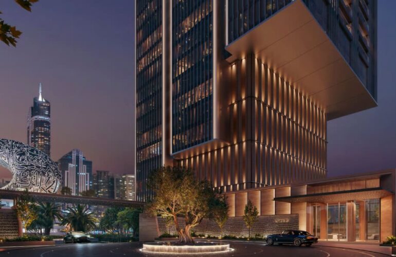 Emirates Towers – Close-up of facade and illuminated interiors