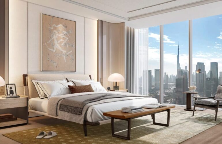 Emirates Towers – Bedroom with modern design and skyline backdrop