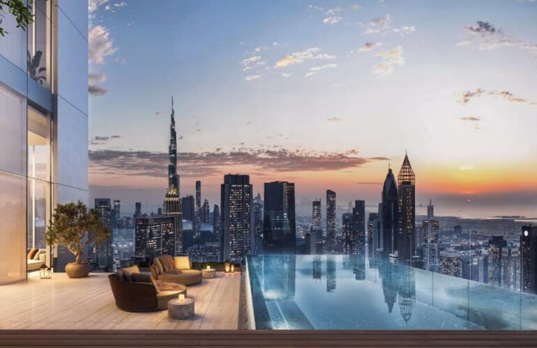 Emirates Towers – Infinity pool with Burj Khalifa view at sunrise
