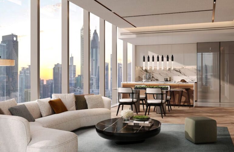 Emirates Towers – Living and dining room with floor-to-ceiling windows