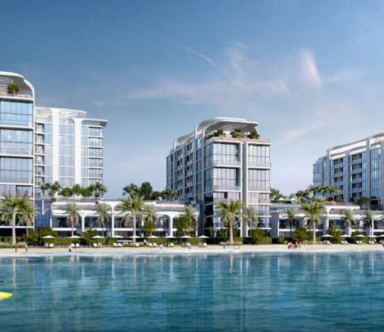 Crystal-clear waters surrounding elegant beachfront properties in Dubai, perfect for swimming, yachting, and other water sports.