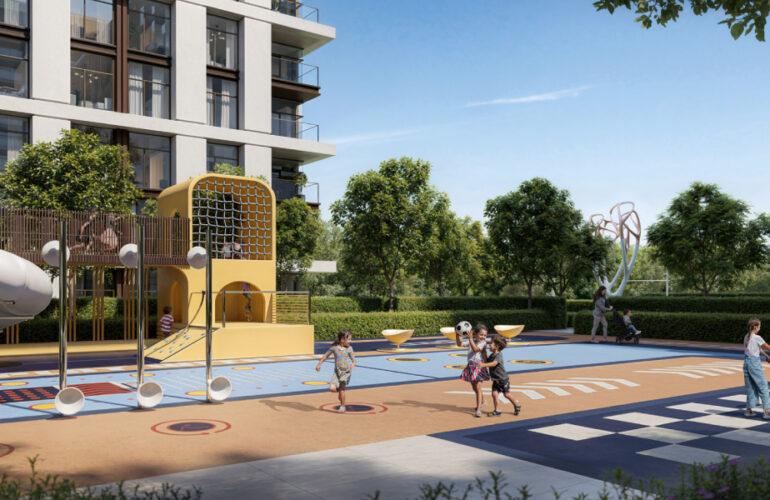 Outdoor children’s playground at Expo Living with slides and climbing structures