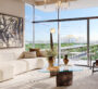 Elegant living room in Expo Living apartment with panoramic city views