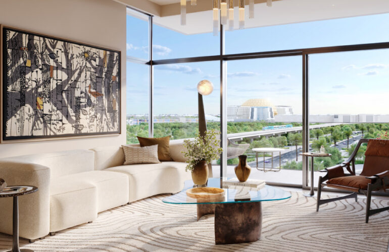 Elegant living room in Expo Living apartment with panoramic city views