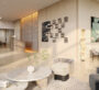 Contemporary lobby with stylish seating area and decorative wall art at Expo Living