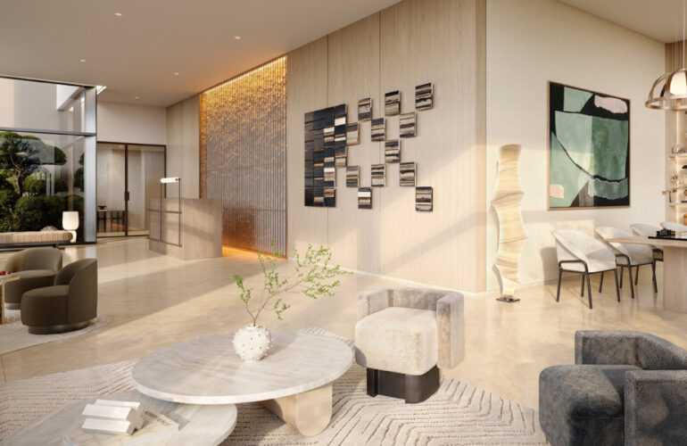 Contemporary lobby with stylish seating area and decorative wall art at Expo Living