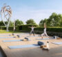 Residents enjoying yoga and fitness activities on the open-air deck at Expo Living