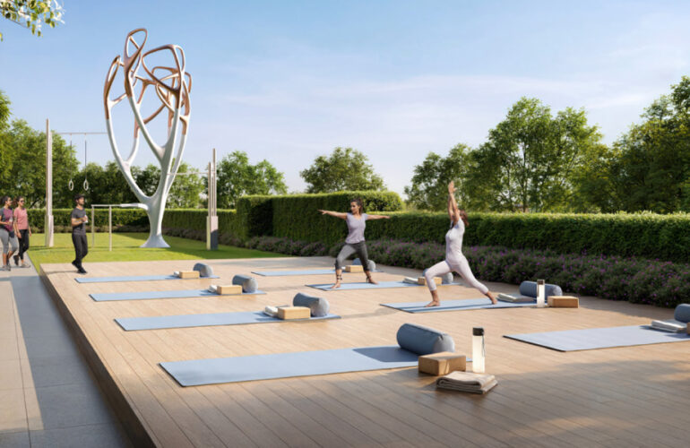 Residents enjoying yoga and fitness activities on the open-air deck at Expo Living