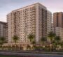 Modern high-rise towers of Camden project in Dubai at sunset