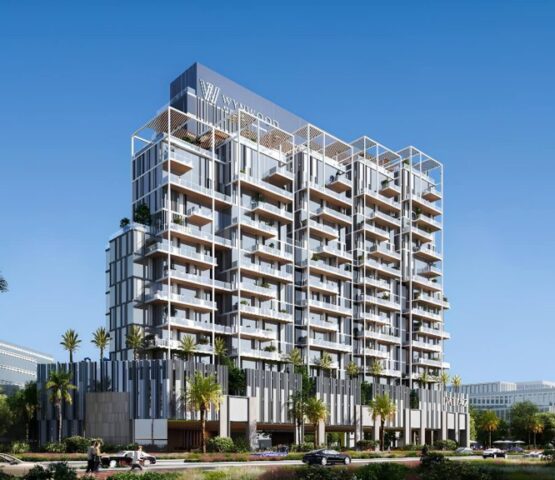 Modern facade of Wynwood by Imtiaz Developments with palm trees