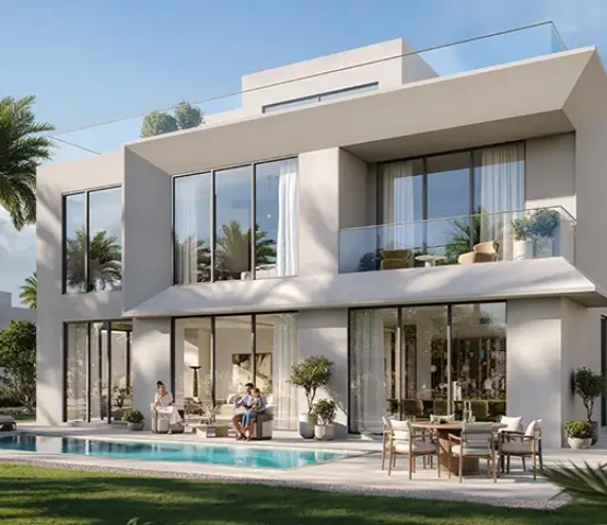 A thoughtfully designed family villa with large windows, multiple balconies, and a peaceful outdoor area, offering an ideal blend of space and sophistication.