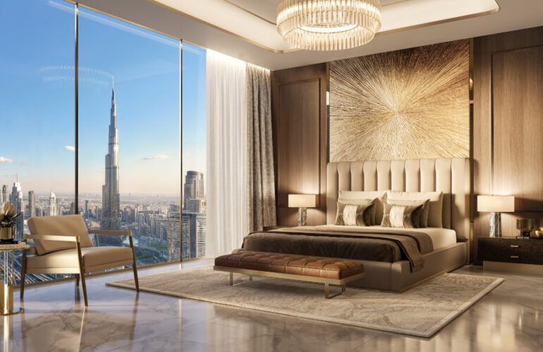 Ultra-luxury bedroom with skyline views at Trump Tower by DARGLOBAL in Dubai
