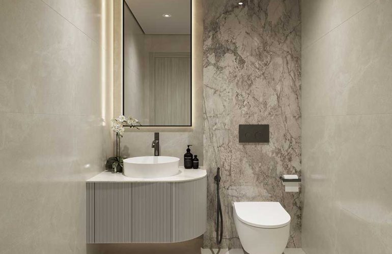 Bathroom with ceramic floor and walls, a sink with a very small distance next to a toilet