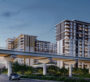 Modern residential building of Expo Living with metro track passing in front