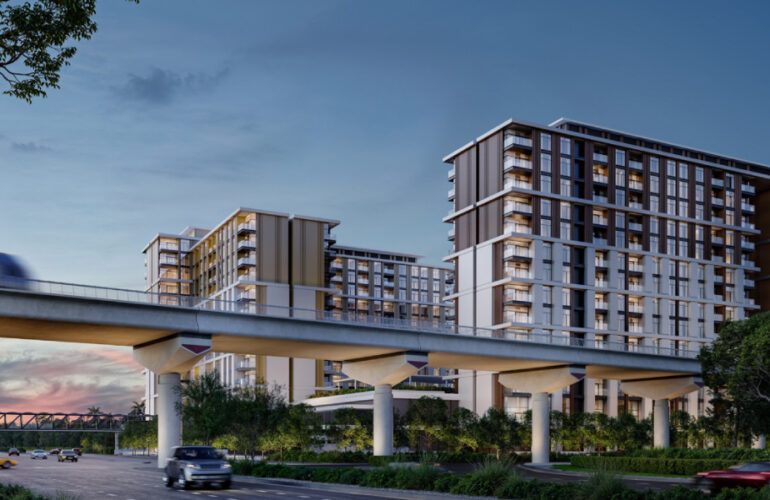 Modern residential building of Expo Living with metro track passing in front