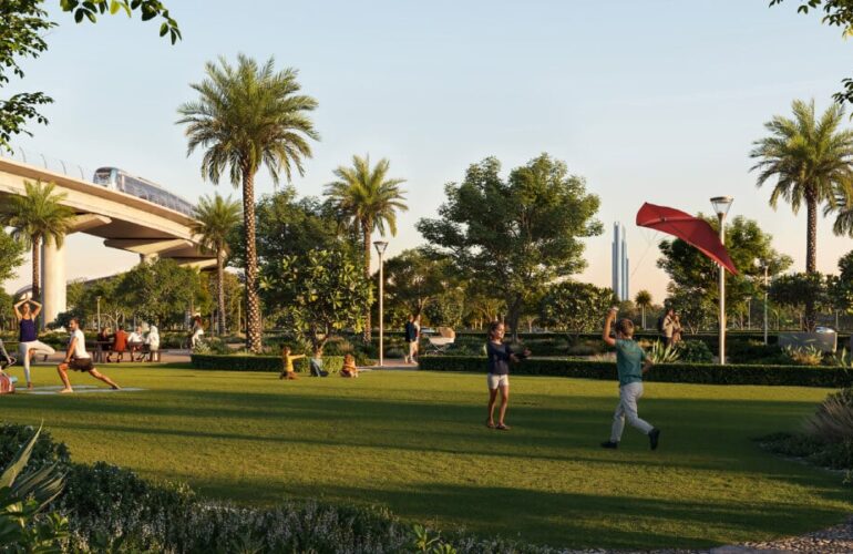 Green park at Silva Dubai Creek Harbour – families enjoying outdoor space in the Emaar Green Gate community.