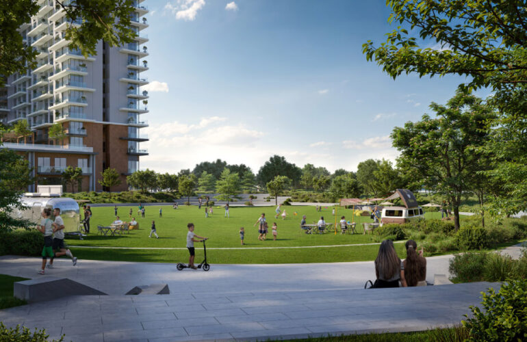 Open green park and seating areas at Vida Residences Hillside Dubai